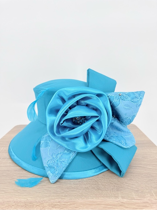 Studio B Blue Opening Day Derby Hat Rose Lace Feather Race Day Church Statement main image 4